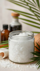 , glass jar with salt scrub for body and face skin, spa procedures, beauty salon, green palm leaf, aromatherapy, harmony, massage, cosmetology products, space for text, cinematic, with white tones