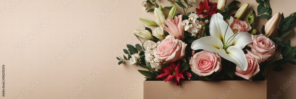 Poster Delivery box in warm mocha mousse tone filled with vibrant flowers and ample space for personalized text. Generative AI