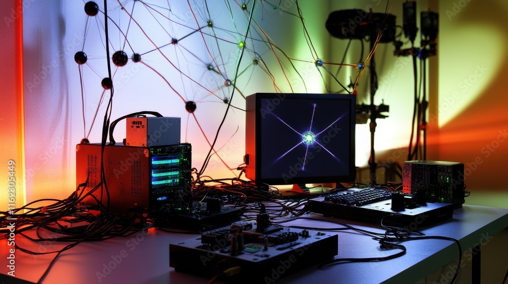 Aufkleber a modern workspace featuring intricate technology and vibrant lighting, showcasing computers and cir