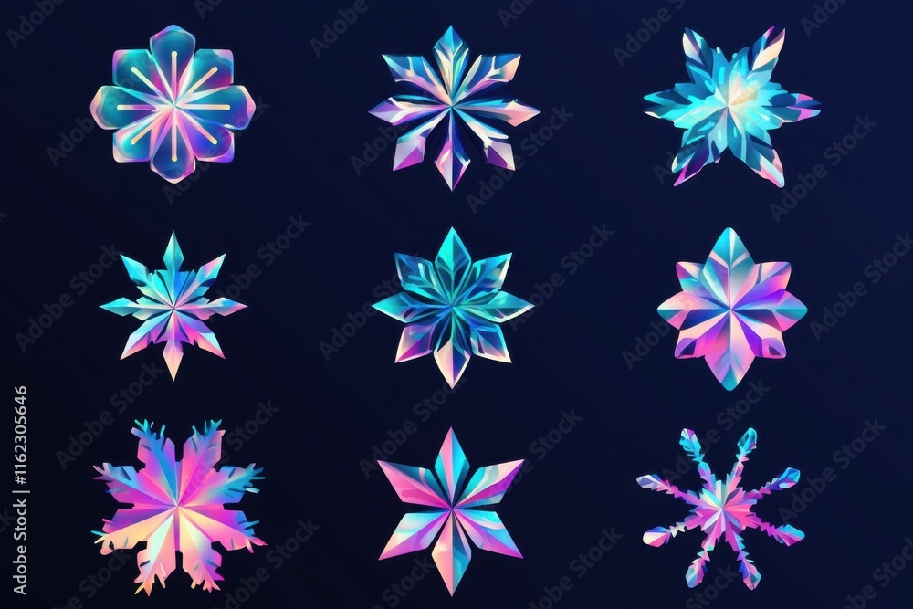 Poster colorful, iridescent snowflakes on a dark background, showcasing various intricate designs and patte