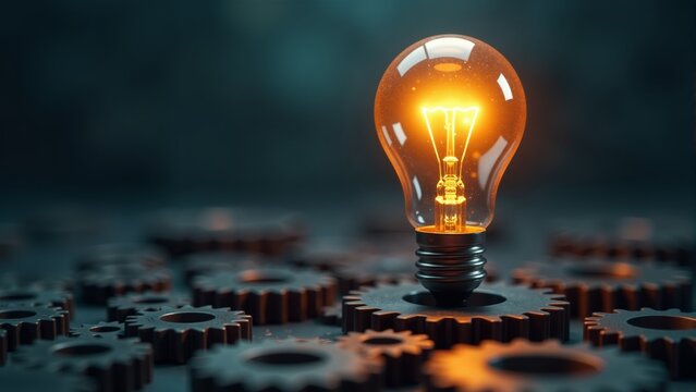 Bright ideas sparking innovation amidst intricate gears in a dimly lit workshop