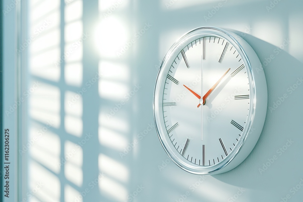 Fototapete Close up View of a Clock Showing Precise Time With Sunlight Casting Shadows on the Wall