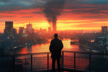Fototapeta premium A yakuza member standing on a bridge overlooking Tokyo Bay at sunrise, reflecting on his life.