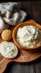 Ghassoul in wooden bowl on chopping board with sponge and towel - Natural beauty ingredient, realistic, with white tones