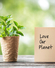 Handwritten Note Expressing Love for the Planet Sits Beside a Small Green Plant on a Wooden Surface