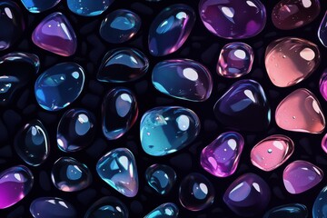 Colorful translucent droplets glisten in vibrant hues of blue, purple, and pink against a dark background.