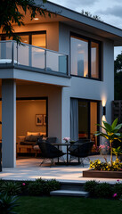 Fototapeta premium Modern house with beauty terrace and garden, studio lighting, with white tones
