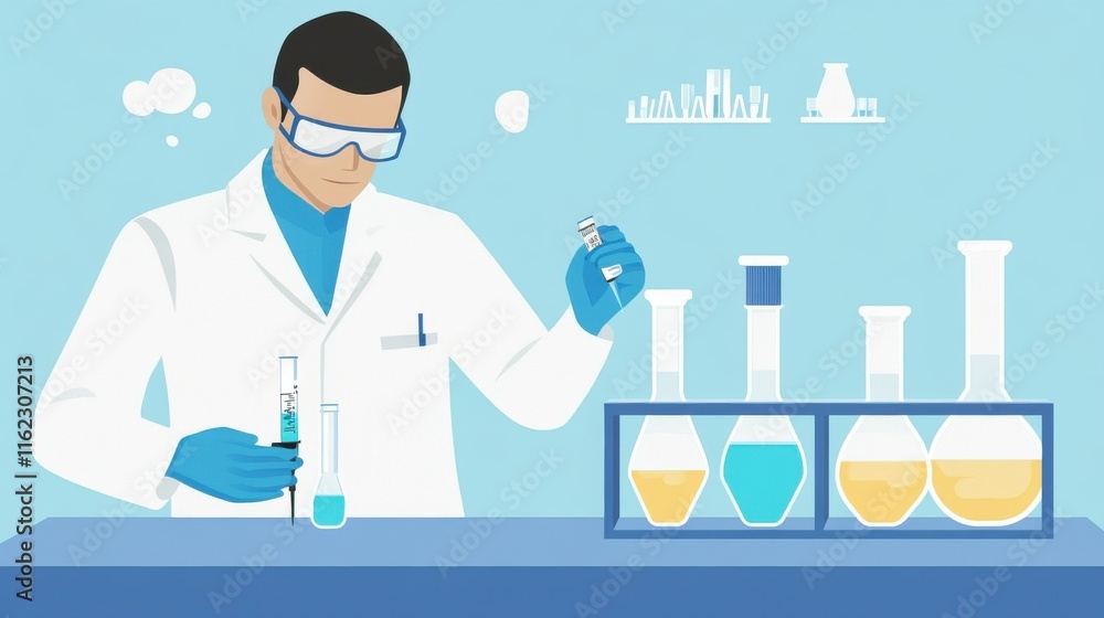 Poster a male scientist conducting experiments in a bright lab, using colorful glassware and precise instru