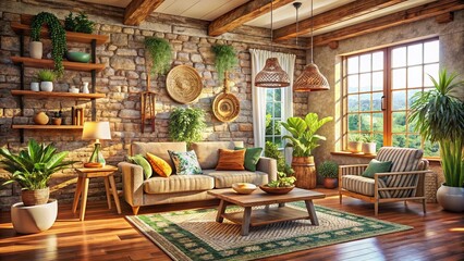Boho Farmhouse Living Room Stone Accent Wall - AI Photo