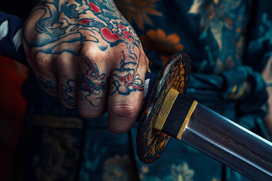 Close-up of a yakuza member's hand holding a katana, with traditional Japanese tattoos visible on the forearm.