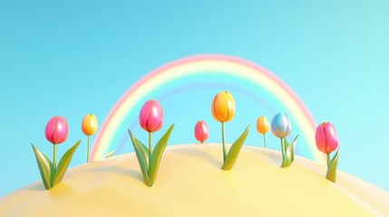 Colorful Cartoon Tulips Blooming on Hill with Rainbow Background Springtime Illustration