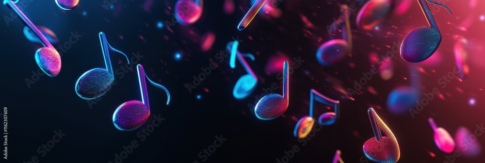Poster floating 3d music notes in vibrant colors against a dark background celebrating creativity and rhyth