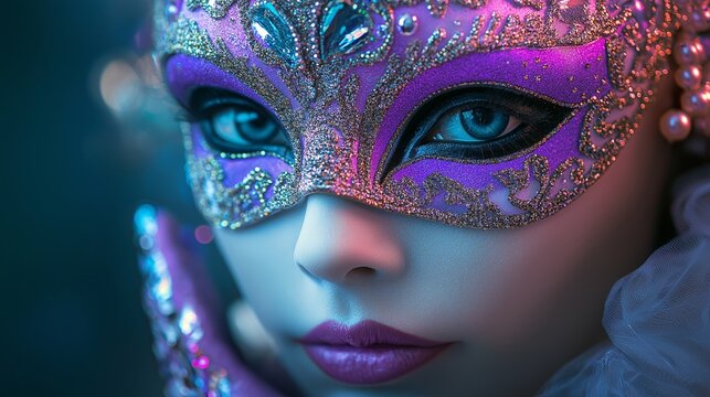 Close-up of a colorful Mardi Gras mask adorned with glitter and pearls, featuring vibrant lighting and a festive atmosphere