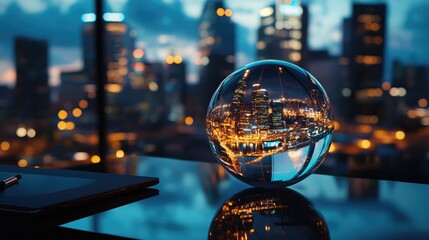 Night Cityscape Reflected in Crystal Ball on Desk