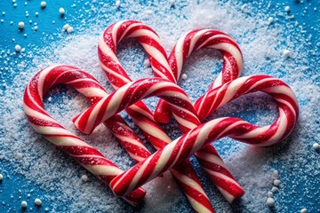 Candy canes scattered on a blue background, a festive flat lay.