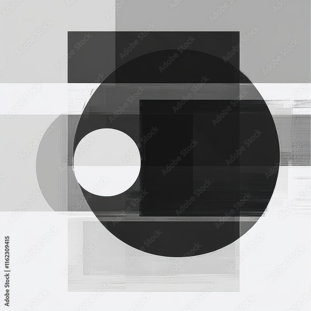 Poster abstract geometric composition featuring bold black and white shapes creating a striking visual cont