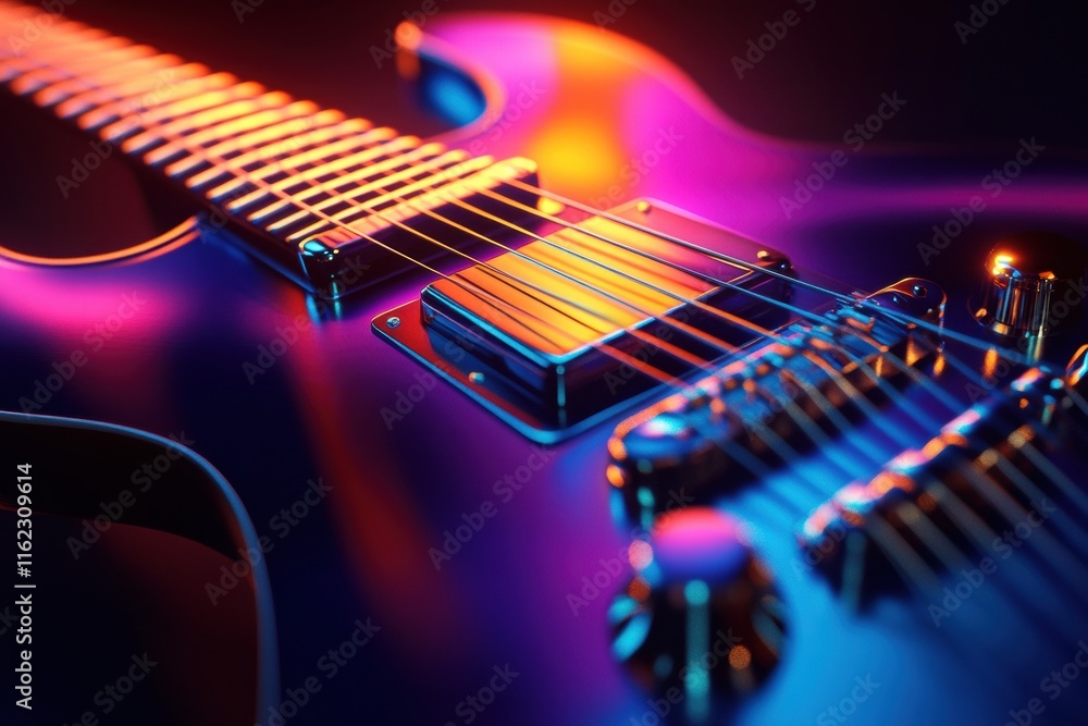 Poster Vibrant blue 3D guitar with glowing strings displayed in dark setting showcasing modern design elements and detailed craftsmanship. Generative AI