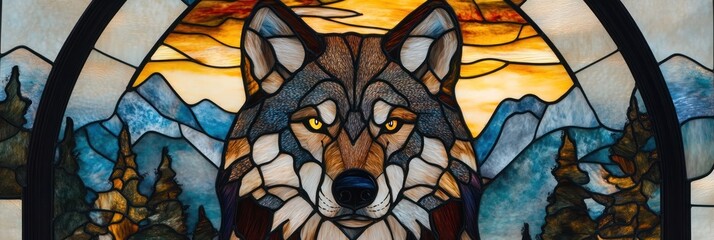 Stained Glass Wolf in Mountain Landscape