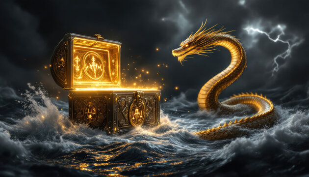 Fototapeta 4k HD Wallpapers of The image features a dragon with a golden head and tail emerging from a golden chest, surrounded by a stormy sea. Video game wallpaper