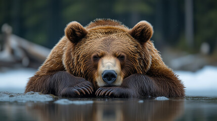 Obraz premium A brown bear relaxing by a lake