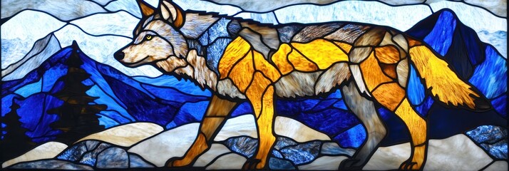 Majestic Wolf Stained Glass Mountain Landscape