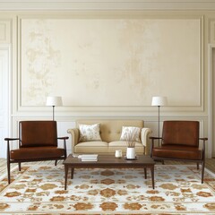 Elegant living room featuring vintage furniture with warm tones and a classic design.