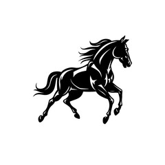 Wild horse black silhouette flat vector illustration.Black and white horse running gracefully for modern logos and designs, white background.Wild horse black silhouette flat vector illustration.