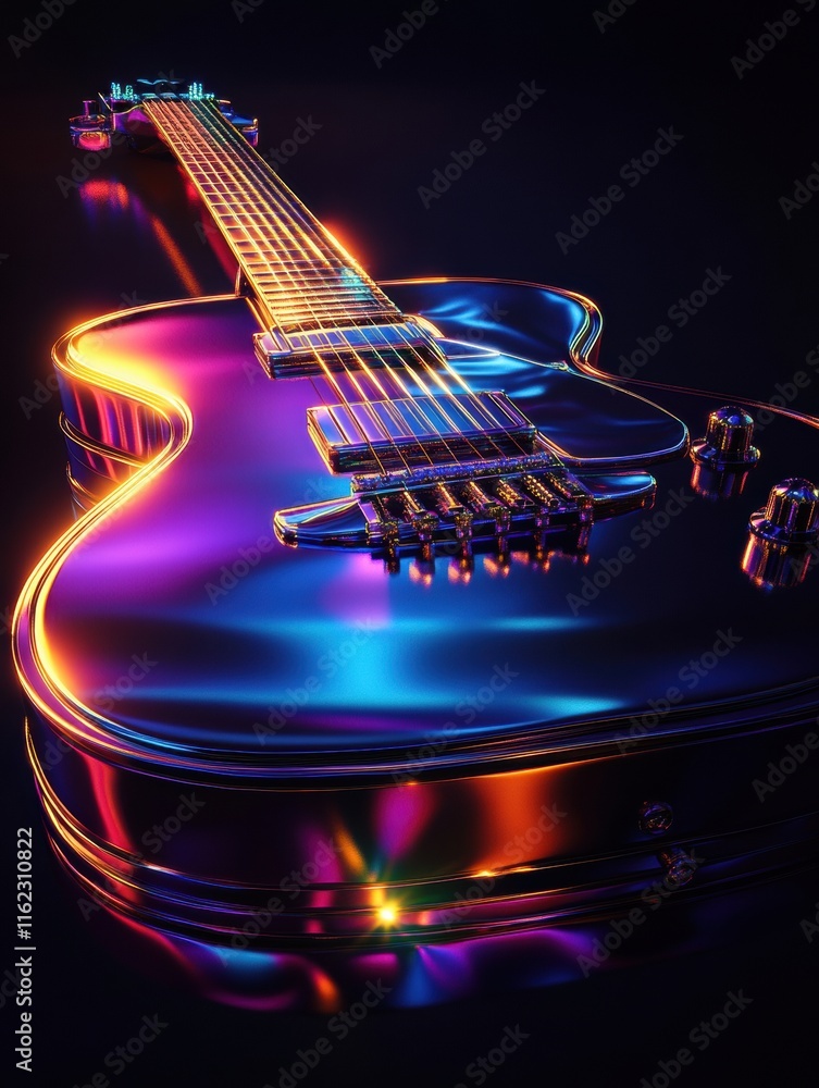 Poster vibrant 3d guitar showcasing colorful light reflections in a dark setting. generative ai