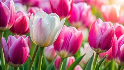 Fototapeta premium Close-Up Pink and White Tulips - Spring Floral Background