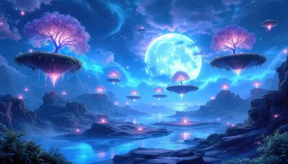 4k HD Wallpapers of A large full moon hangs over a fantastical landscape, casting a soft glow on floating islands and trees with pink and purple hues. Video game wallpaper