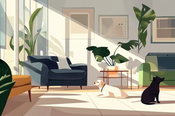 A serene living room featuring a white dog and a black dog basking in natural light.
