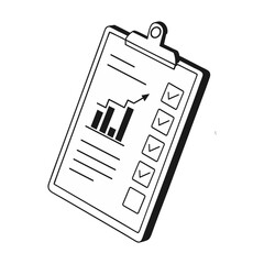 Clipboard with a bar chart and notes, Reporting and Insights, vector black and white silhouette.