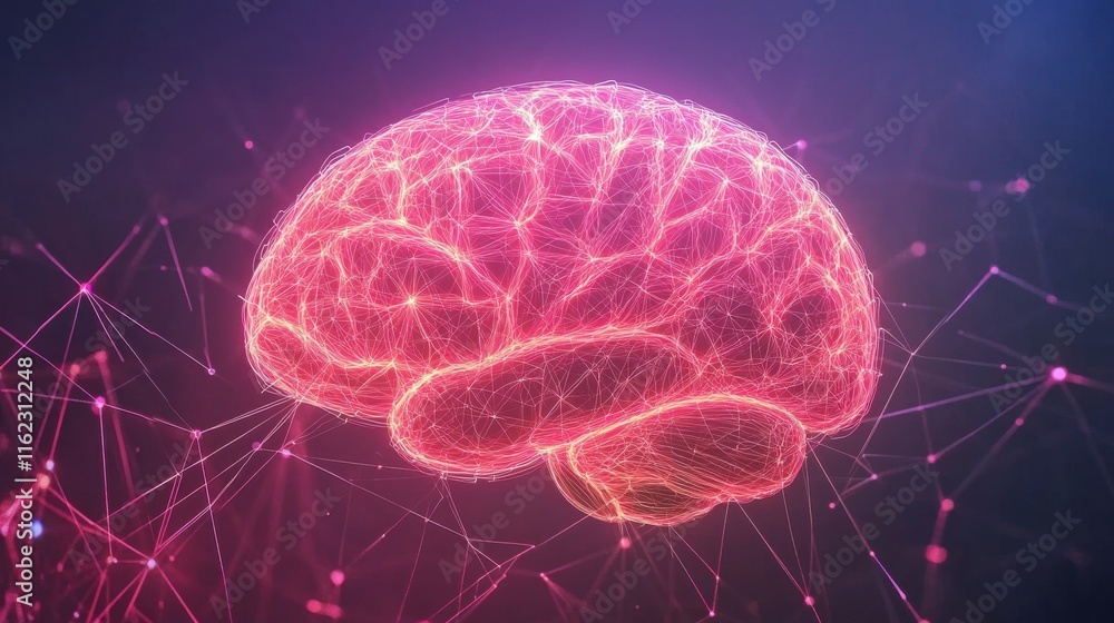 Poster a vibrant, glowing digital representation of a brain with interconnected neural pathways in pink hue
