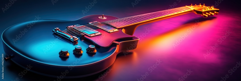 Aufkleber Vibrant 3D guitar resting on a reflective surface with colorful lighting effects creating a captivating atmosphere. Generative AI