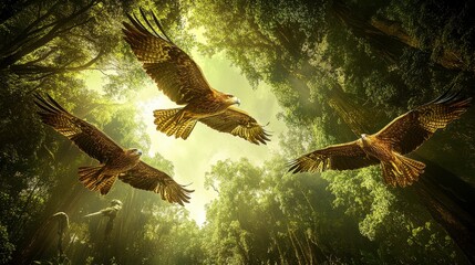 Fototapeta premium Eagles Diving Through Dense Jungle Canopy