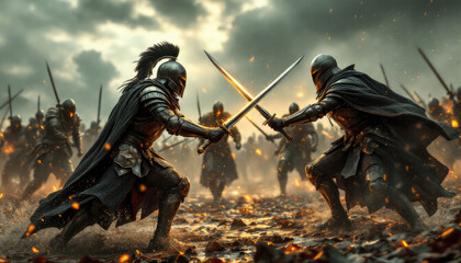 4k HD Wallpapers of The image depicts a scene of medieval battle, with armored knights engaged in combat amidst a fiery backdrop. Video game wallpaper