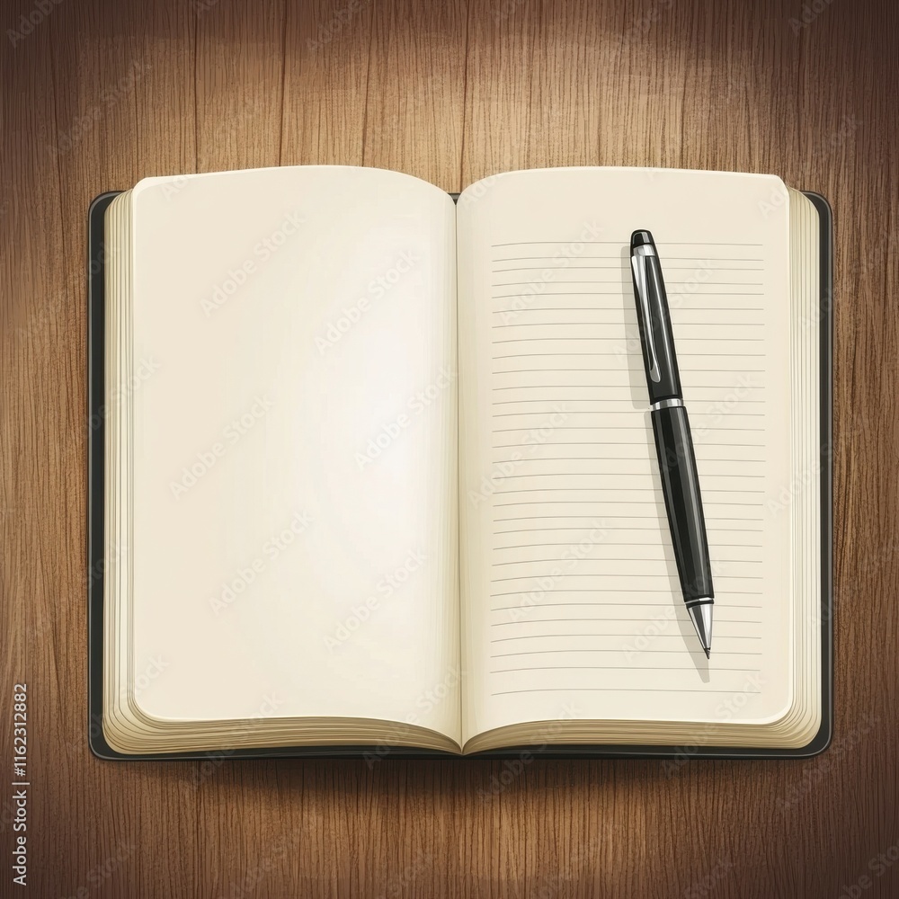 Aufkleber an open notebook with a smooth black pen resting on a wooden surface, inviting thoughts and creativi