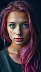 Fototapeta premium Captivating portrait of a girl with vibrant pink hair showcasing striking blue eyes and freckles