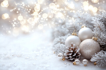 Holiday decorations featuring ornaments and pine cones amidst festive lights