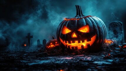 Naklejka premium A spooky Halloween scene featuring carved pumpkins and gravestones in a foggy graveyard.