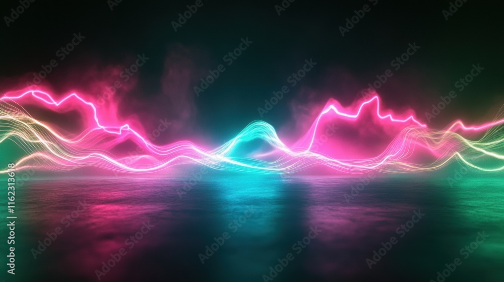 Aufkleber Pulsating light waves create vibrant neon glow in dark setting enhancing visual appeal of digital art. Generative AI
