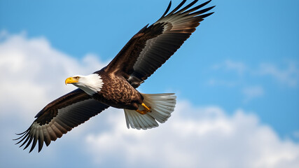 Obraz premium A majestic bald eagle soars through a vibrant blue sky.