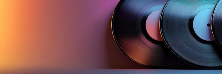 Vintage vinyl records in a colorful setting with ample copy space for personalized messages or titles. Generative AI