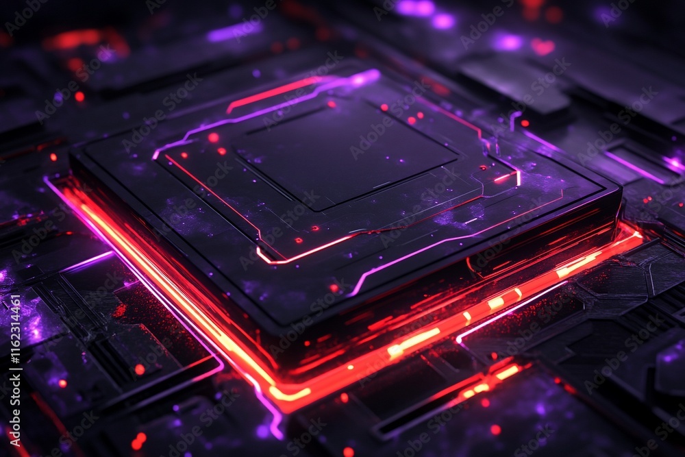 Poster abstract digital circuit with glowing elements in a dark environment.