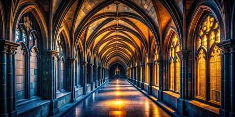 Obraz premium Mysterious gothic doorways and shadowy corridors revealed in a haunting aerial drone shot.