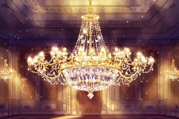 A stunning crystal chandelier casting shimmering light in an elegant ballroom setting.