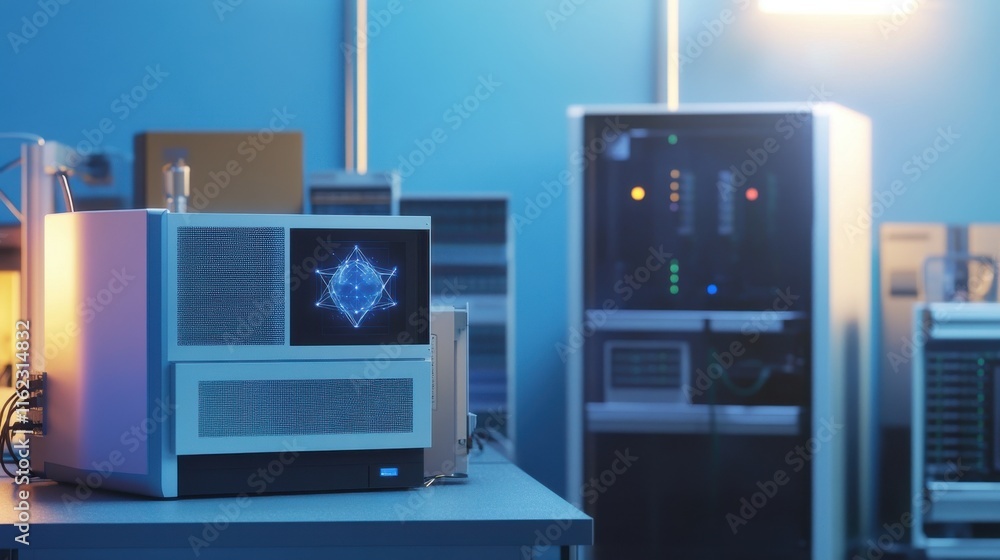 Aufkleber futuristic computer setup featuring intricate holographic display in a tech lab.