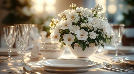 Elegant wedding reception table setting with white flowers and soft lighting for a romantic atmosphere