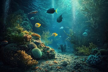 Obraz premium Diverse Marine Vegetation and Wildlife Captured in Illustration