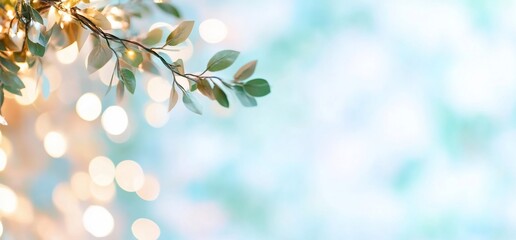 Fototapeta premium A branch with leaves and soft glowing lights in a blurred background.